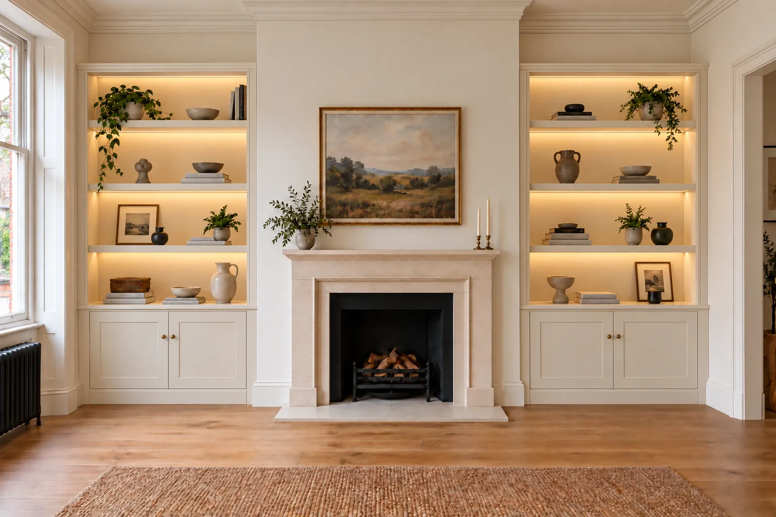 Framed alcove shelving that stops beneath the room's cornice, leaving the moulding visible
