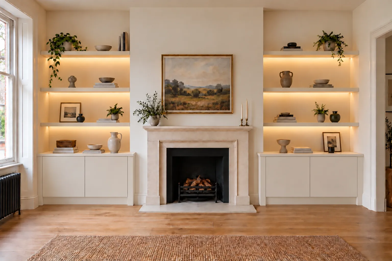 Contemporary alcove units with flat, handleless cupboard doors and floating lit shelves above