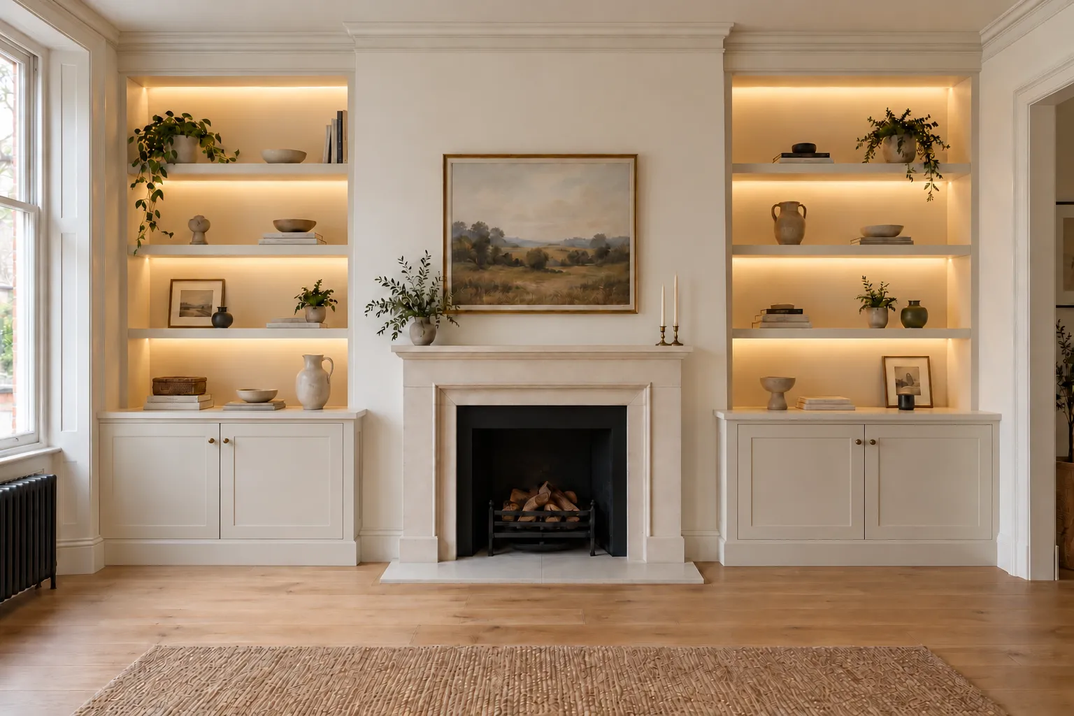 Framed alcove shelving with cornice running across the top of the units and around the chimney breast