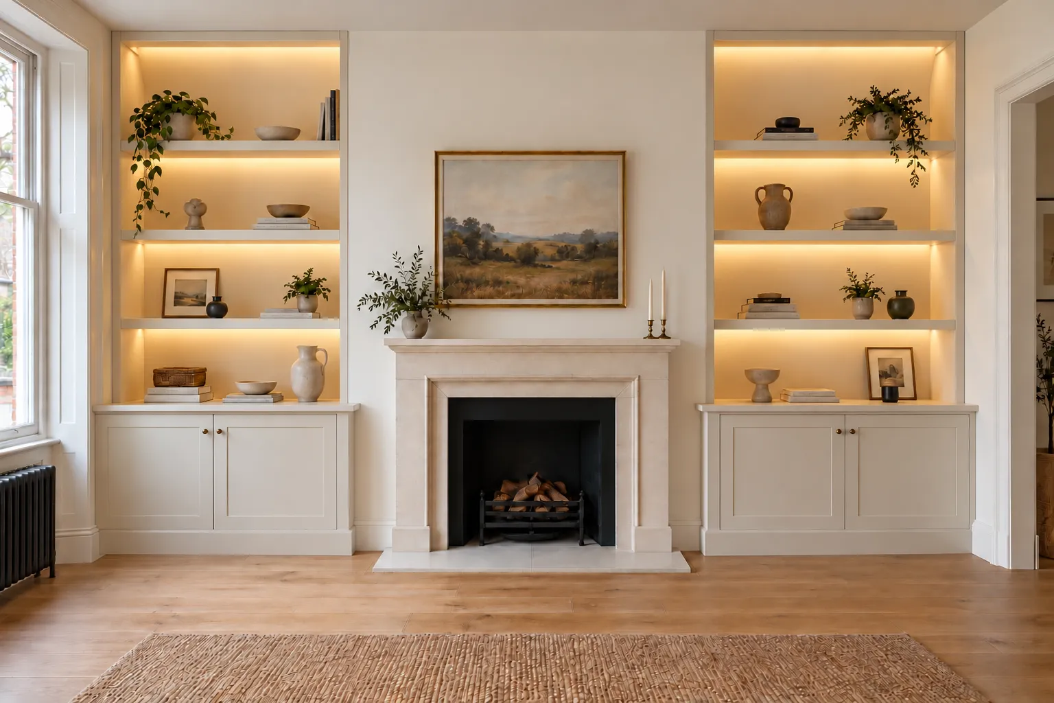 White Shaker-style cupboards on either side of a fireplace, coming forward past the chimney breast, with lit framed shelving above