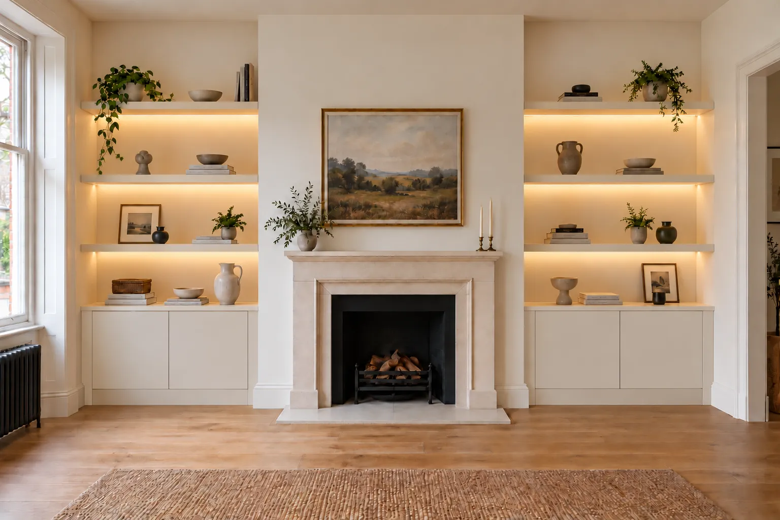 Floating shelves with warm lighting above flat, handleless cupboards on either side of a fireplace