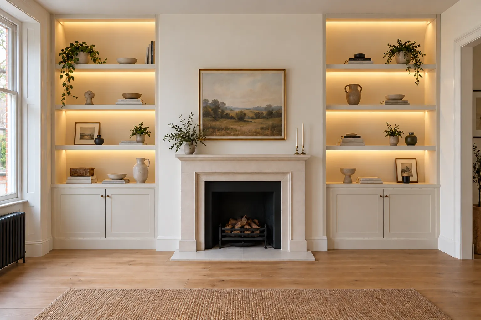 Framed shelving with warm lighting running to the ceiling above white cupboards on either side of a fireplace