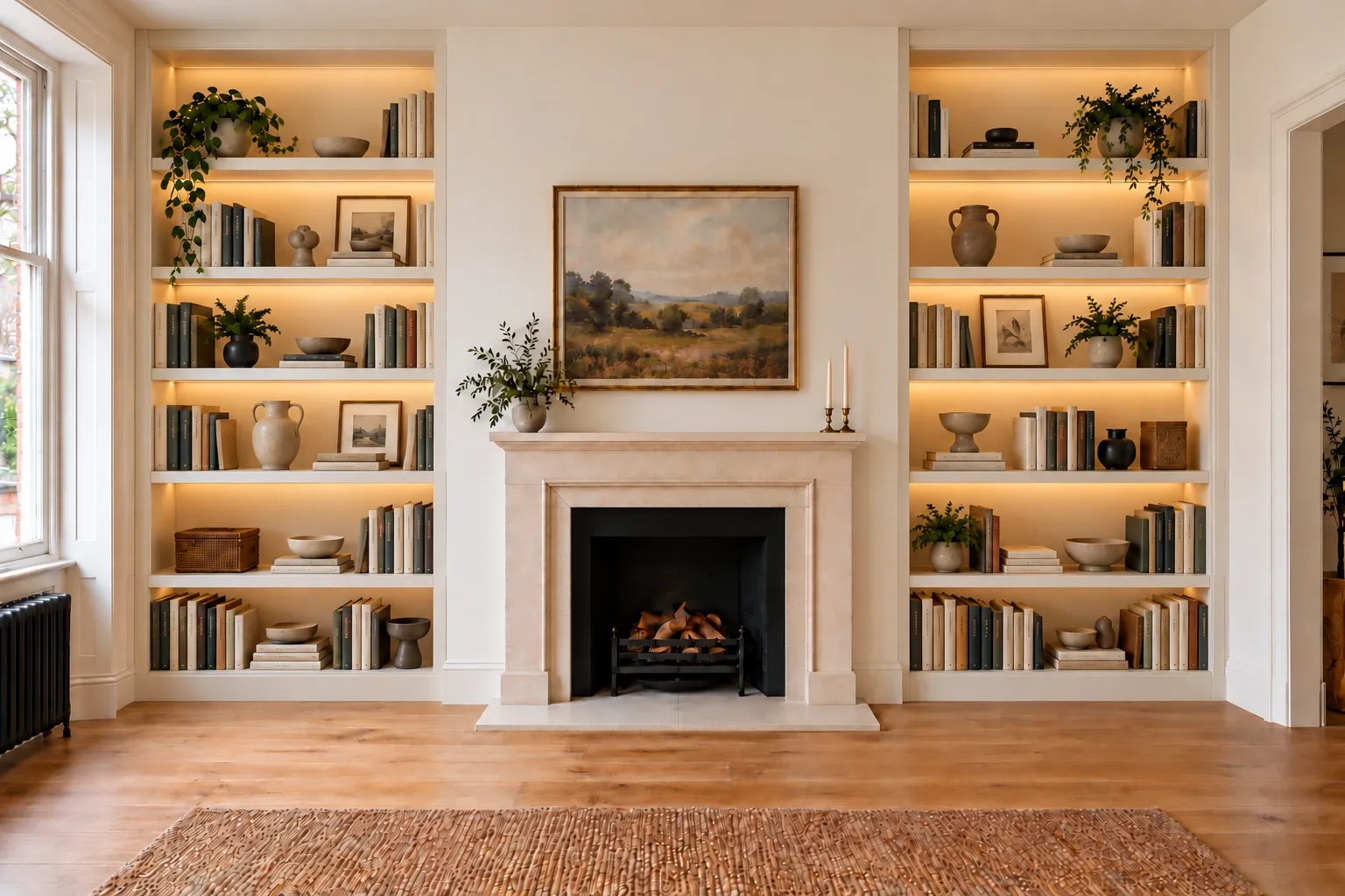 Full-height alcove bookcases with many lit open shelves of books and objects on either side of a fireplace