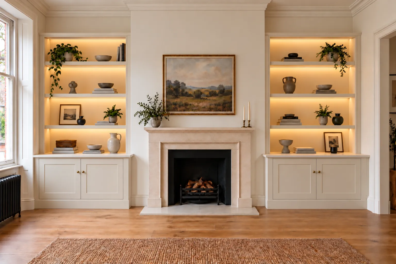 Traditional alcove units with Shaker cupboard doors, framed lit shelving and cornice at the ceiling