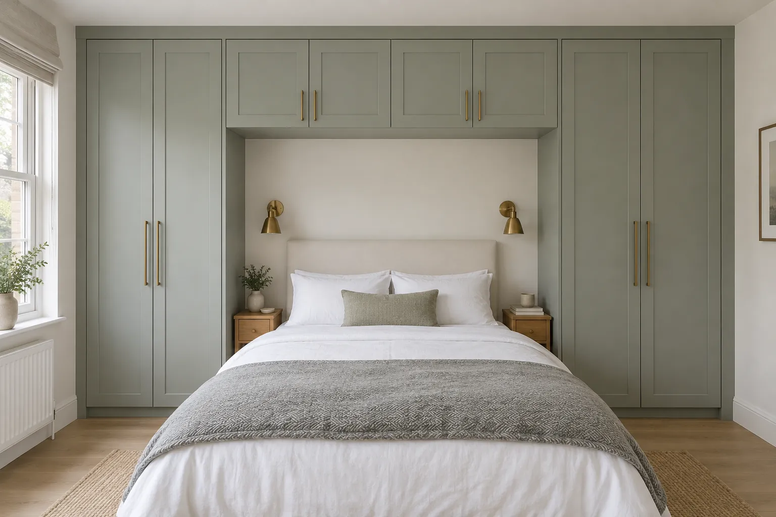 Two tall Shaker-style wardrobes, each with a pair of doors, frame the bed and are joined by overhead cupboards with four doors in two pairs. Slim aged-brass bar handles are used throughout, long on the tall doors and short above. Finished side panels face the bed, a slim top infill meets the flat ceiling and a recessed plinth runs beneath. This example shows storage fitted around a bed.