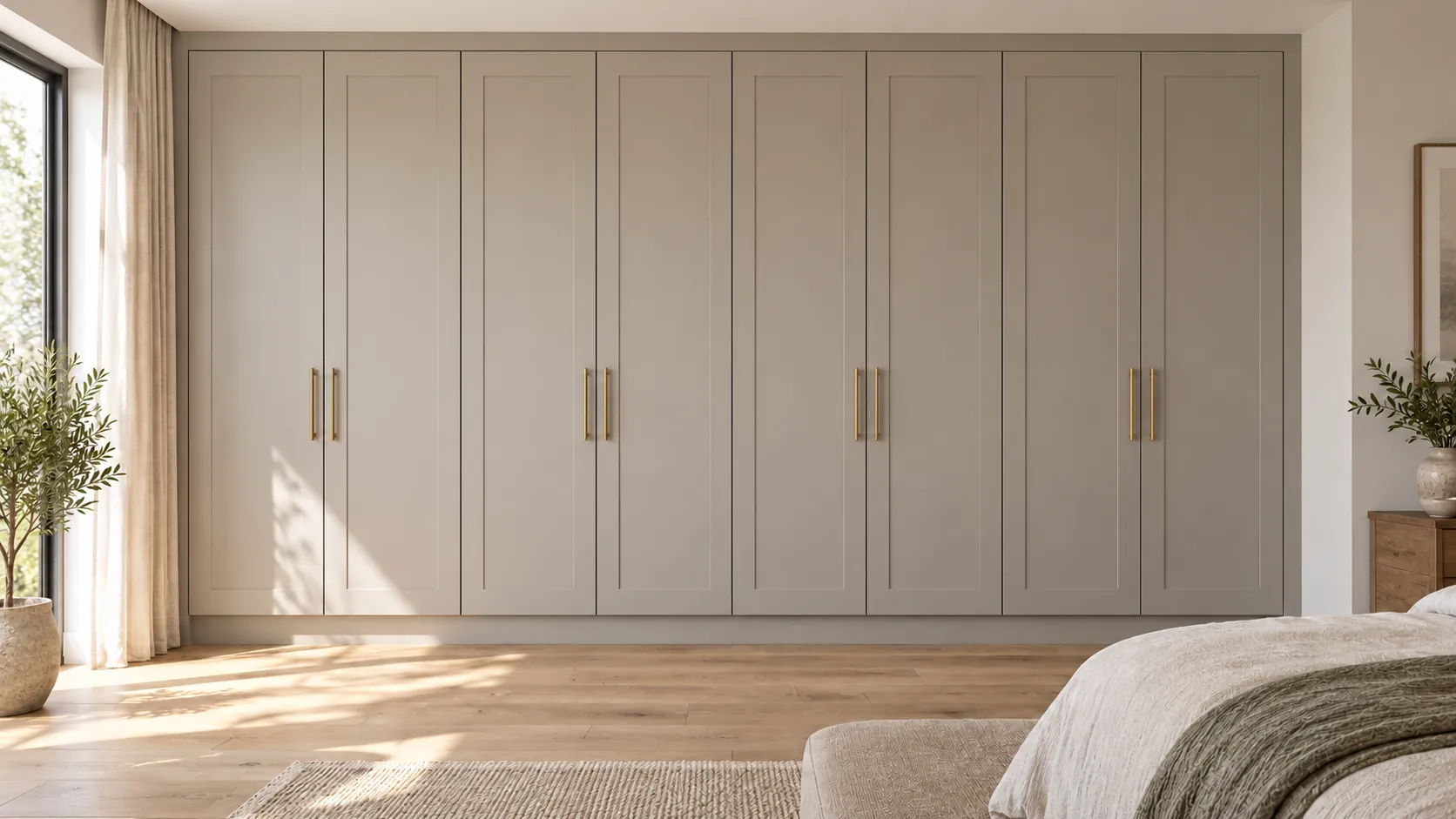 A wall-to-wall painted wardrobe with eight full-height Shaker-style doors arranged in four pairs. The warm neutral finish and brass pull handles create a restrained bedroom scheme. Slim matching infills close the gaps at the ceiling and side walls, while a recessed plinth gives the base a shadow line. This example shows how panelled doors can suit a contemporary room.