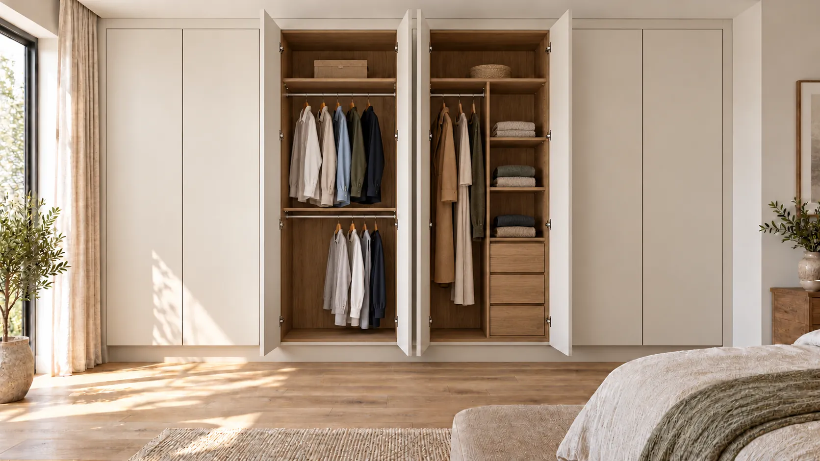 A wall-to-wall wardrobe combining smooth, handle-free, spray-painted doors with warm oak-effect melamine interiors. Four open doors reveal double hanging for shorter clothes, a separate long-hanging section, three internal drawers and shelving for folded clothing. Upper shelves provide additional storage, while matching ceiling and side infills finish the fitted exterior.