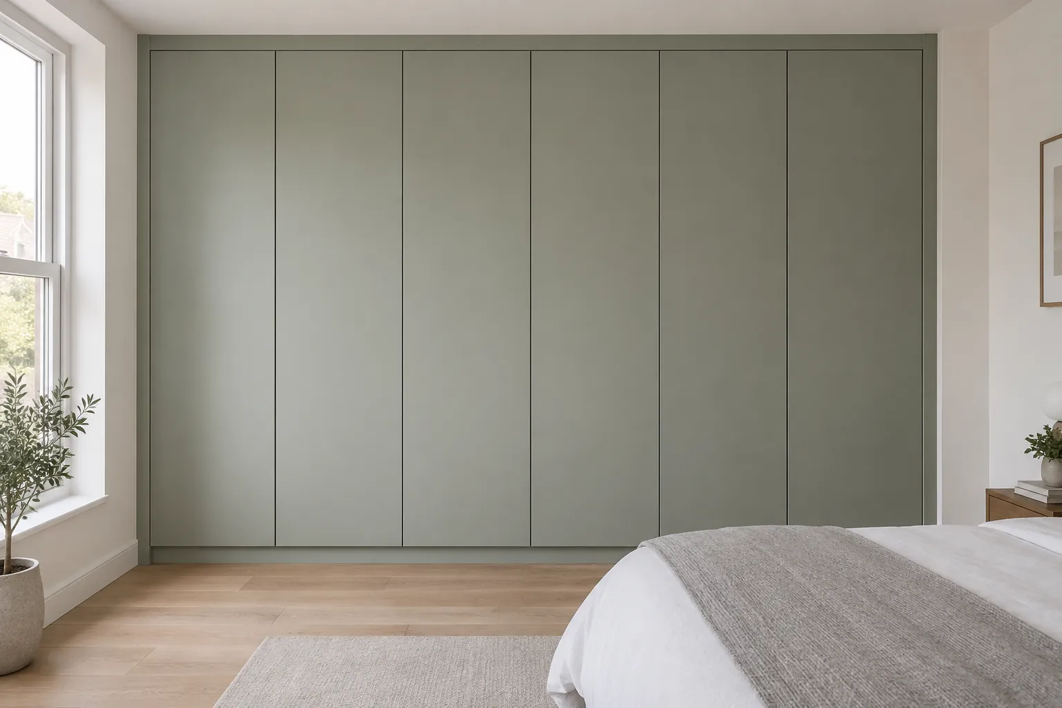 A wall-to-wall wardrobe with six full-height flat doors in a smooth sage finish, with no visible handles and thin, even gaps between them. A slim top infill meets the flat ceiling, slim side infills run down to the floor, and one continuous recessed plinth gives the base a shadow line. This example shows how flat doors keep the front plain in a contemporary room.