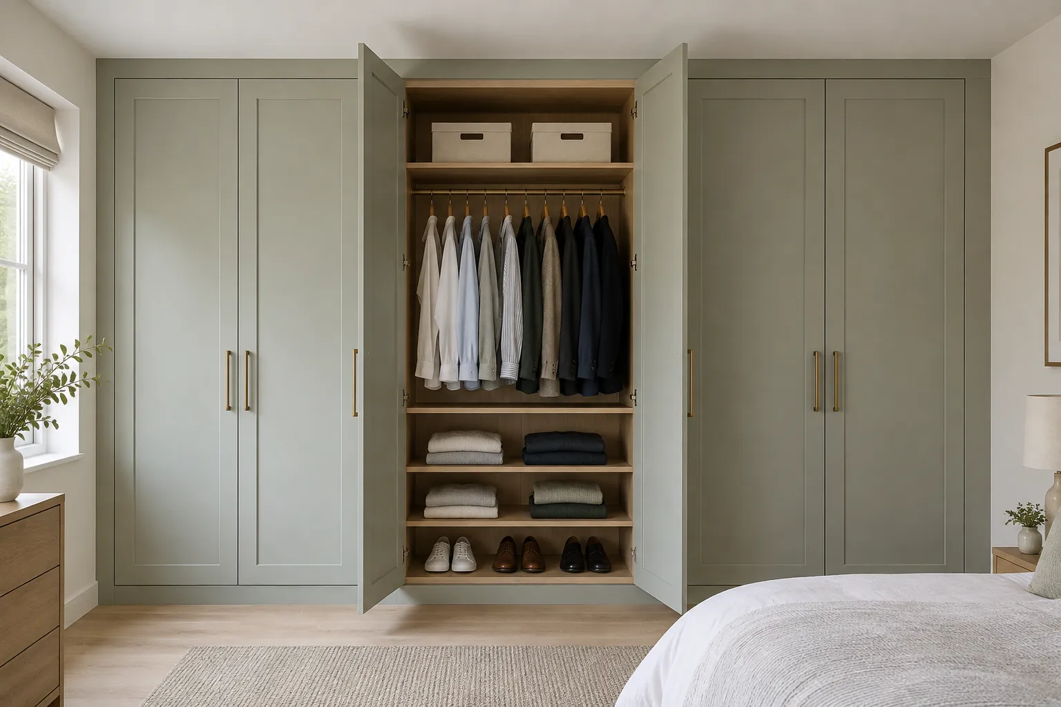 A wall-to-wall wardrobe with six Shaker-style doors in three pairs, painted soft sage, with the centre pair open. The open doors are hinged on the outer edges of one compartment, revealing an oak-effect interior with a high shelf, a hanging rail, folded clothes and shoes. A slim top infill meets the flat ceiling, with a recessed plinth beneath. This example shows how hinged doors open a whole compartment.
