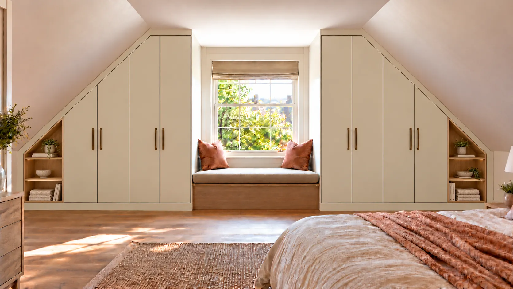 Fitted loft wardrobes arranged symmetrically around an oak window seat. Four flat ivory doors on each side follow the changing ceiling height, while open oak shelving fills the lowest space beneath the eaves. Bronze pull handles, slim infills along the ceiling slopes and recessed plinths complete the design. The open niches provide space for books, folded items and display.