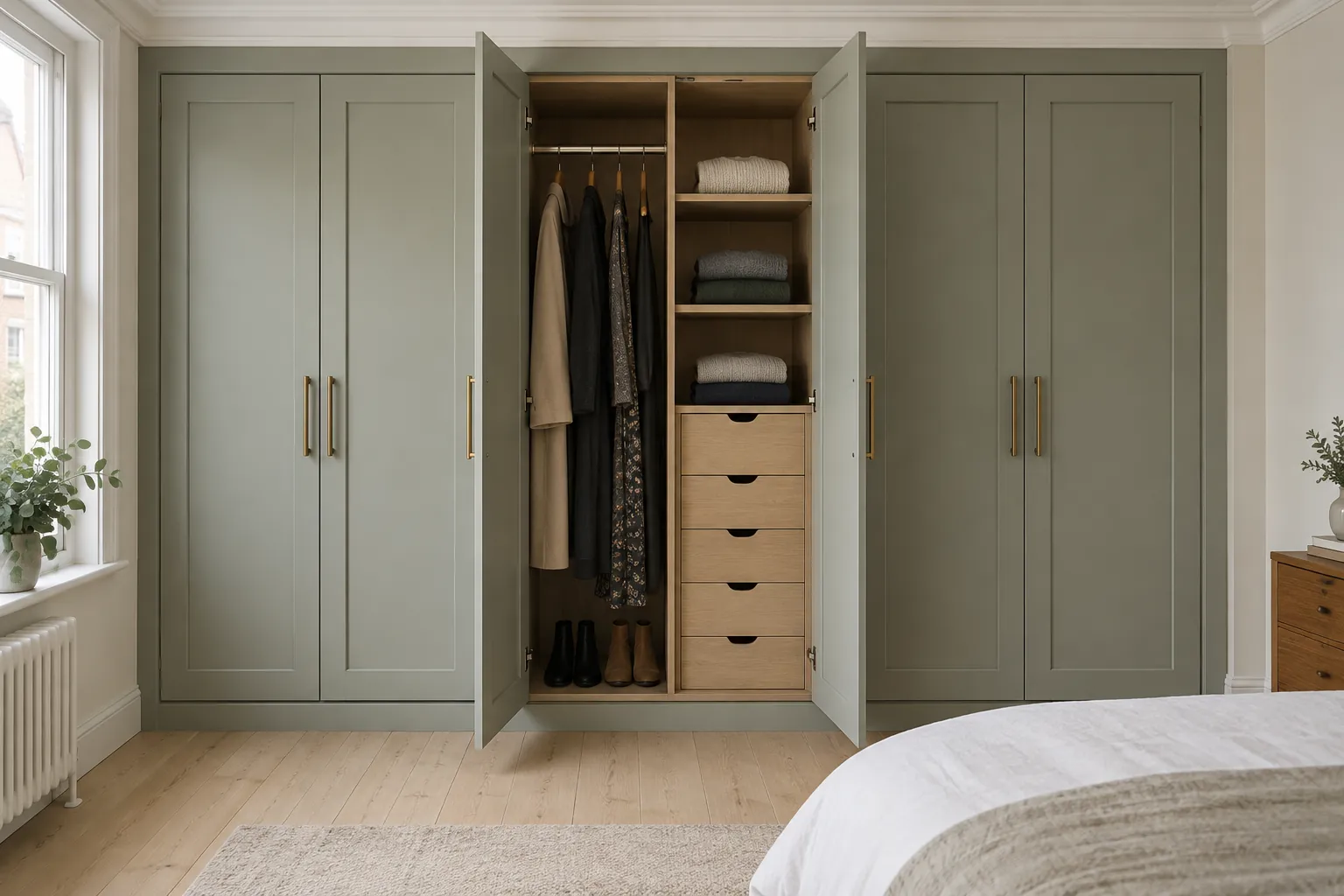 A wall-to-wall wardrobe with six Shaker-style doors in three pairs, painted soft sage, with the centre pair open. Inside, a long-hanging rail for coats and dresses sits beside folded jumpers above five drawers, set within the carcass so the doors and hinges clear them. The room’s cornice runs across the top above one slim infill, with a recessed plinth below. This example shows hanging space and drawers in one compartment.