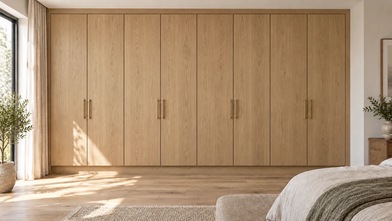 A full-wall fitted wardrobe with eight flat oak-veneer doors arranged in four pairs. The vertical grain brings warmth and texture to the simple frontage, complemented by slim brass pull handles. Matching top and side infills connect the cabinetry to the room, with a recessed plinth beneath the doors.