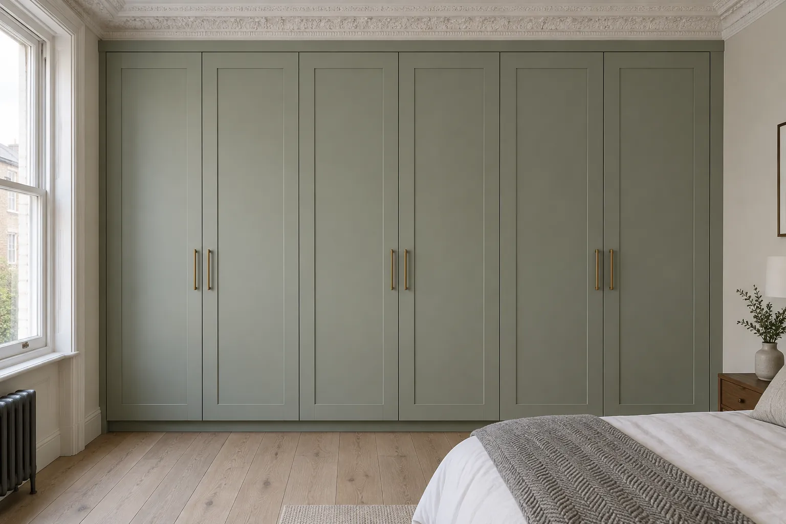 A wall-to-wall wardrobe with six full-height Shaker-style doors arranged in three pairs, painted a soft grey-green sage. Slim aged-brass bar handles sit where each pair meets. The wardrobe rises to the ceiling, with the room’s cornice running across its top above a slim matching infill, slim side infills at each end and a recessed plinth beneath the doors. This example shows a full wall of doors in a period bedroom.