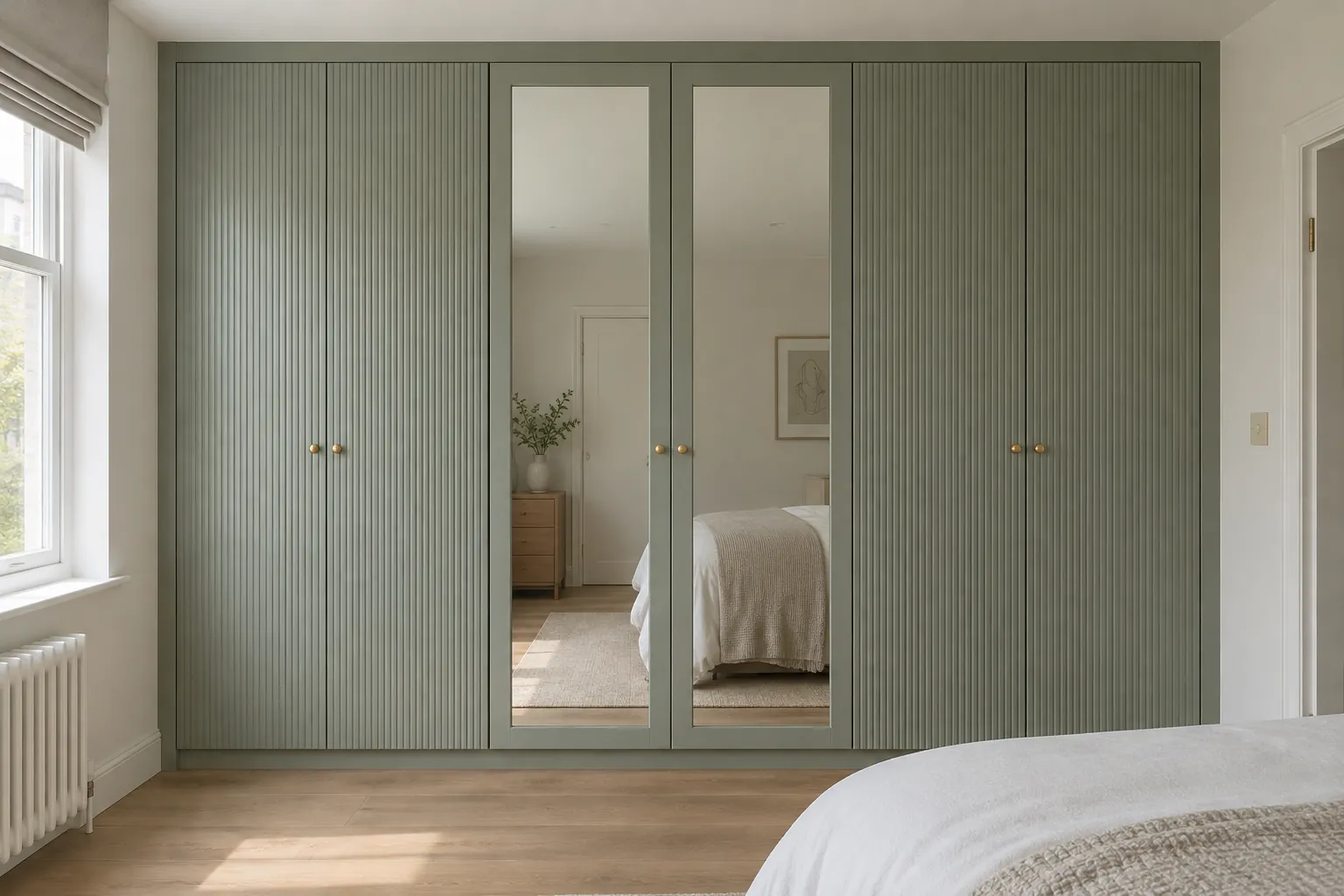 A wall-to-wall wardrobe with six doors in three pairs: reeded sage doors on the outer pairs and framed mirror doors in the centre. Small round brass knobs sit where each pair meets, on the painted frames of the mirror doors. Slim side infills run down to the floor, with a slim top infill and a recessed plinth fitted between them. This example shows reeded panels and mirrors in one run.
