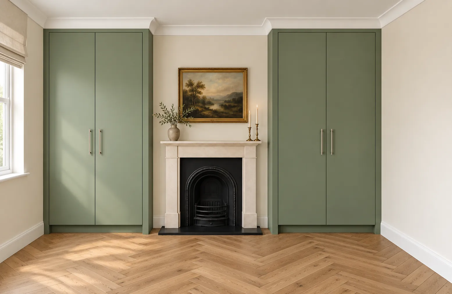 Twin sage-green alcove wardrobes frame a central chimney breast and fireplace. Each wardrobe has two flat doors with slender metal pull handles. The wardrobes project beyond the chimney breast, with finished side returns providing the additional depth. White ceiling cornicing follows the projecting cabinetry and returns across the chimney breast, while recessed plinths finish the bases. Oak herringbone flooring connects the contemporary cabinetry with the room’s traditional features.