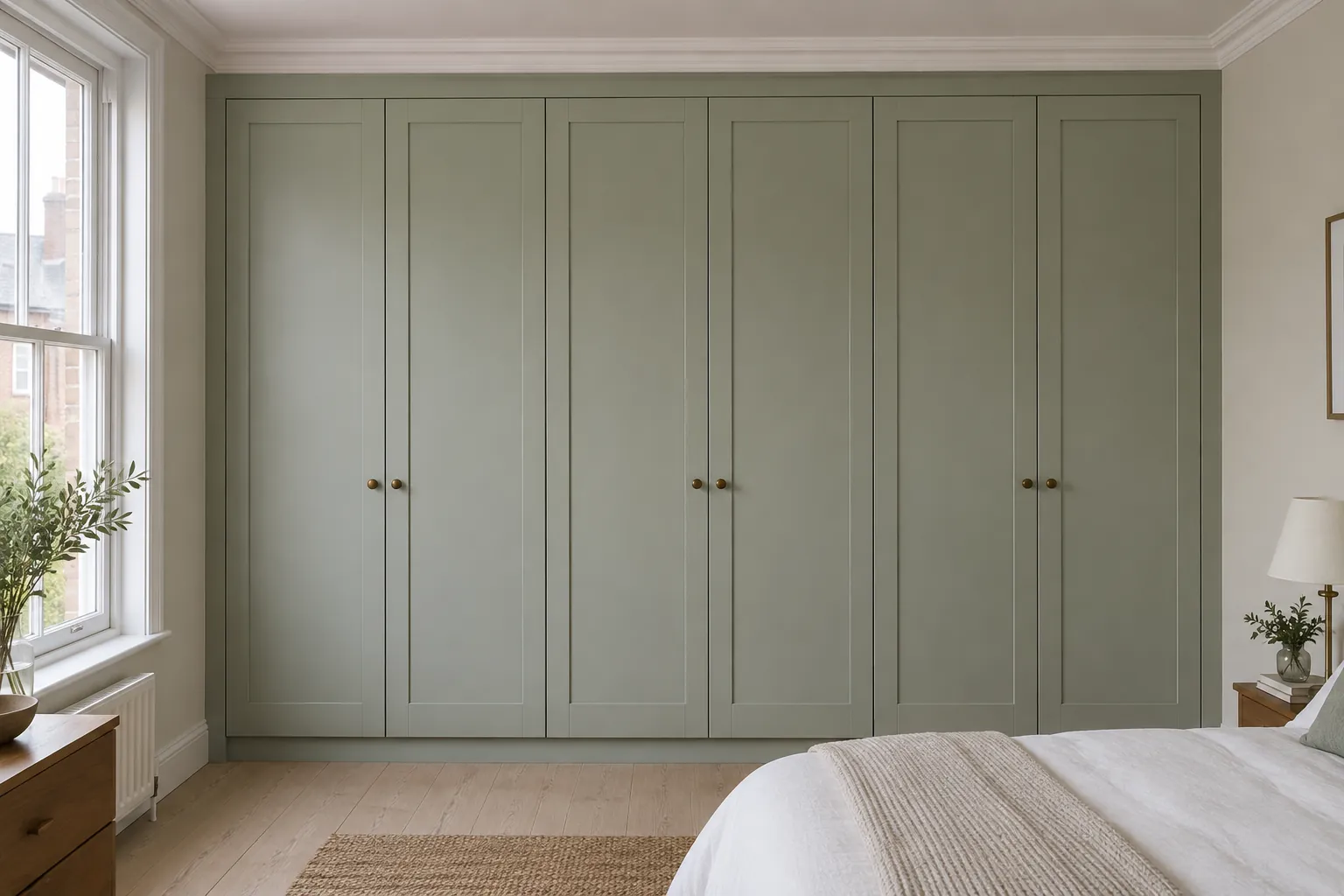 A wall-to-wall wardrobe with six full-height Shaker-style doors in three pairs, painted a soft grey-green sage, with small round aged-brass knobs where each pair meets. The wardrobe finishes beneath the existing cornice with a slim matching top infill, while slim side infills run down to the floor and a recessed plinth sits beneath the doors. This example shows a Shaker door with knobs instead of bar handles.