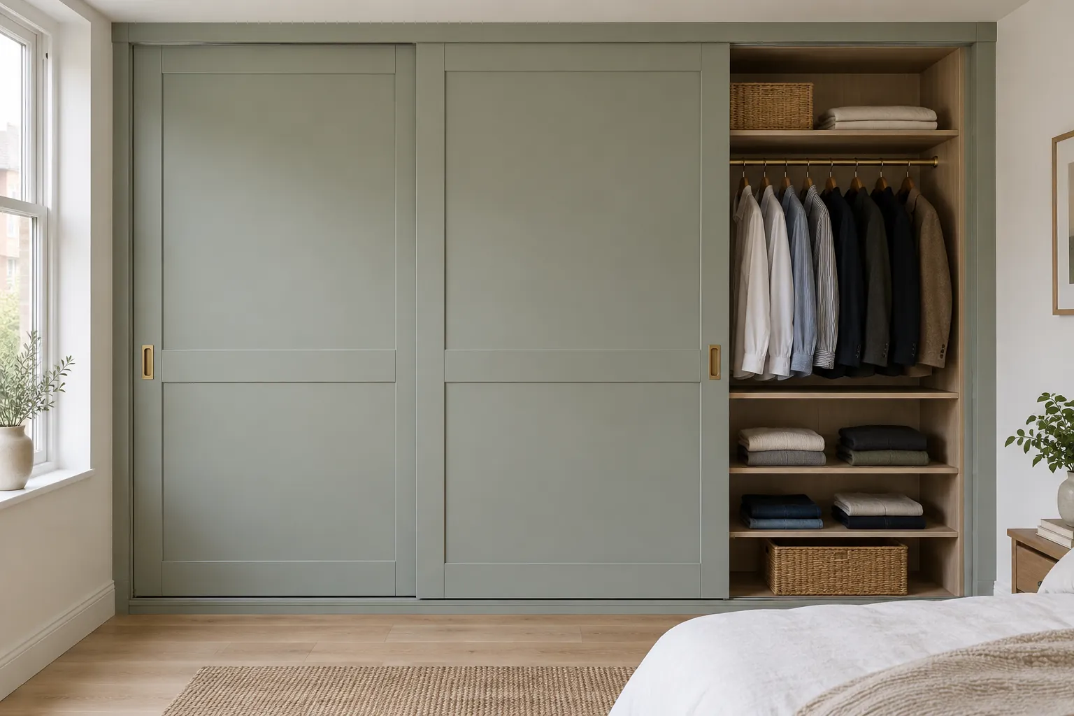 A wall-to-wall wardrobe with Shaker-style sliding doors painted soft sage, each with a mid rail and a flush brass pull, the right-hand section slid open. Inside are a brass hanging rail, folded clothes and baskets on oak-effect shelves. A slim matching housing beneath the flat ceiling holds the top track, with slim side infills and a low plinth. This example shows sliding doors opening part of a wardrobe.