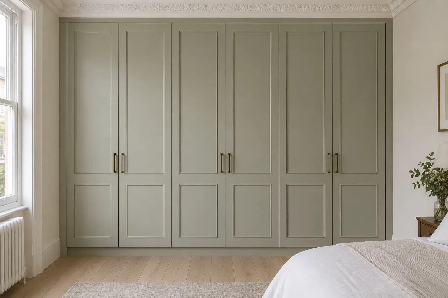 A traditional wardrobe filling the end wall between the two side walls, with six panelled doors in three pairs. Each door has a tall upper and a shorter lower panel edged with a bead moulding, painted soft sage with aged-brass bar handles. The room’s cornice runs across the top above a slim infill, with slim side infills and a recessed plinth. This example shows panelled doors in a period room.